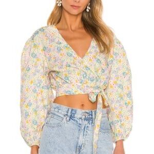 Lovers + Friends Cream and Blue Puff Sleeve Wrap Blouse